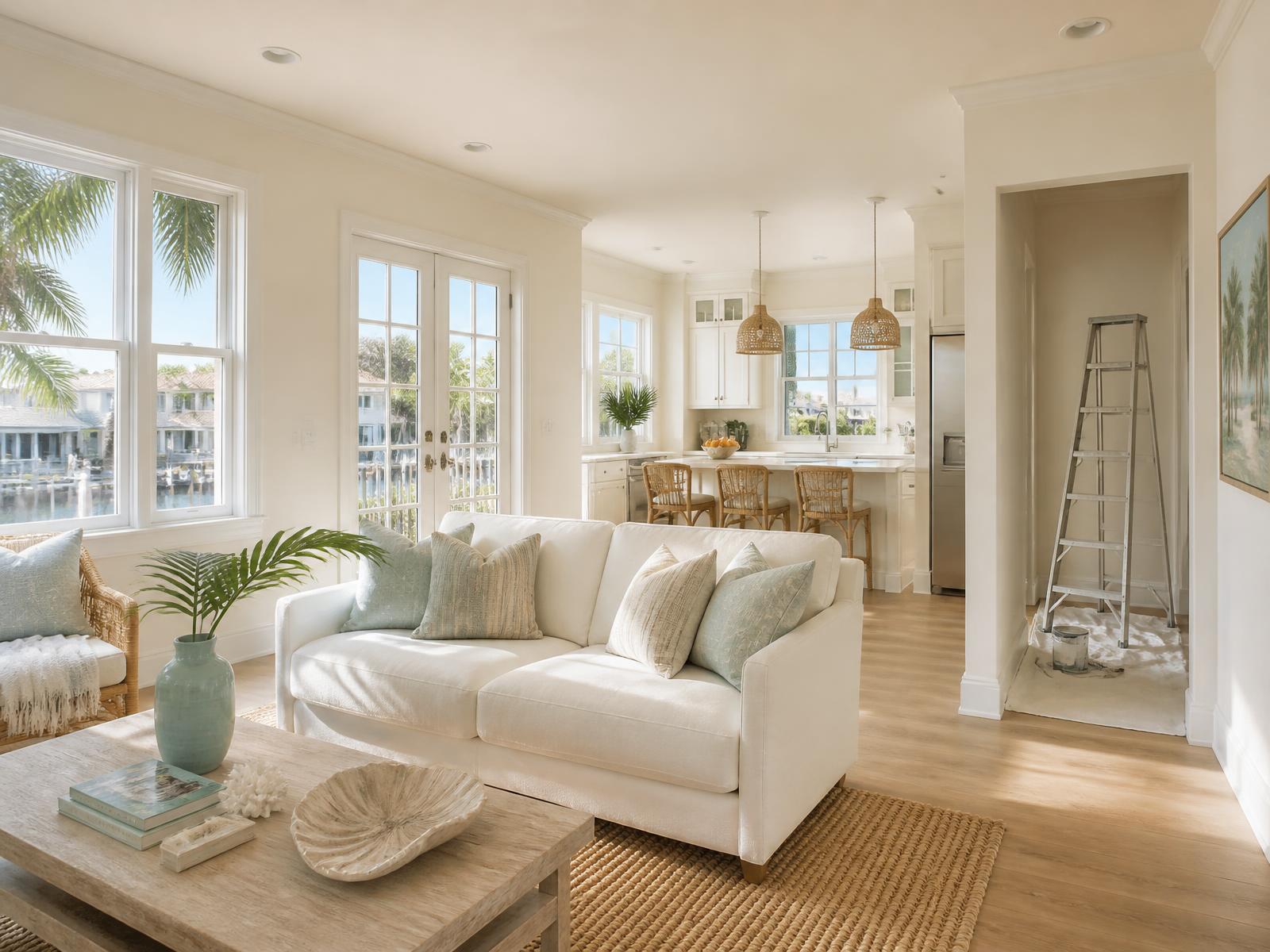 Freshly painted, sunlit Florida living room in warm whites